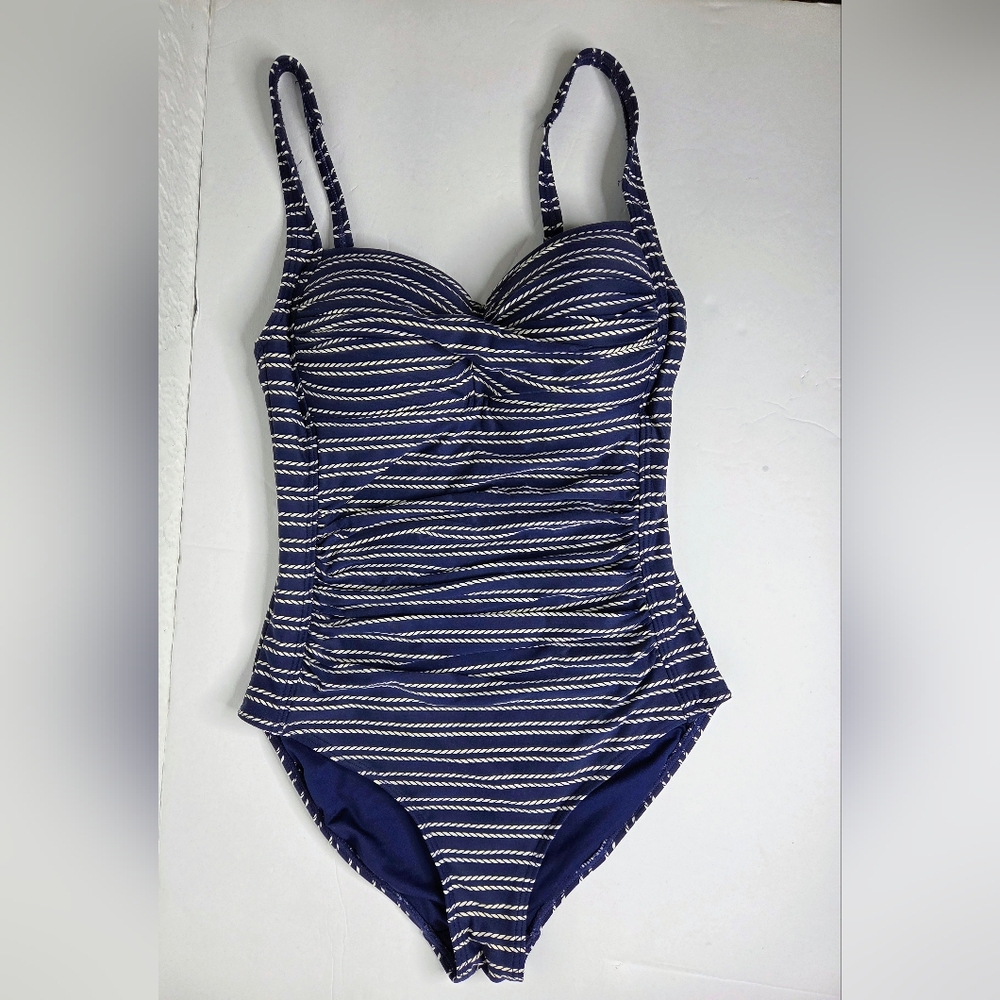 Nip Tuck Women's One Piece Navy Blue White Nautical Swimsuit Size 4 Built In Bra
